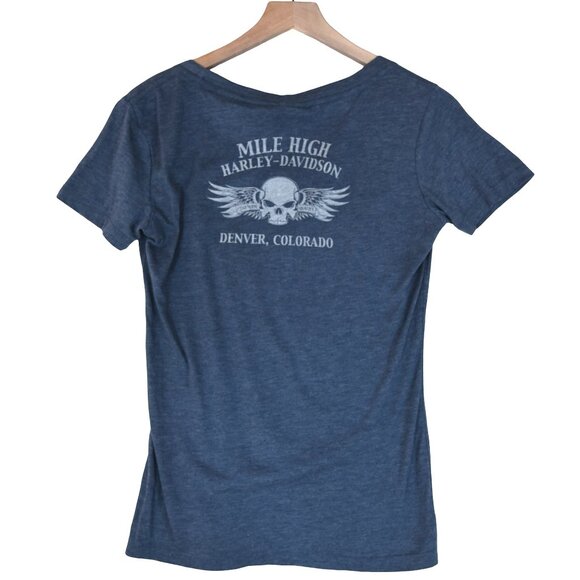 Harley Davidson Skull Wings Tee Size L Blue Biker Rocker Grunge y2k - Picture 4 of 7
